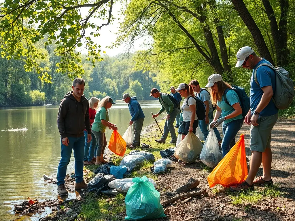 A group of community members participating in a river clean-up event, removing trash and debris from the riverbanks. The image illustrates the association's focus on engaging the community in environmental stewardship.