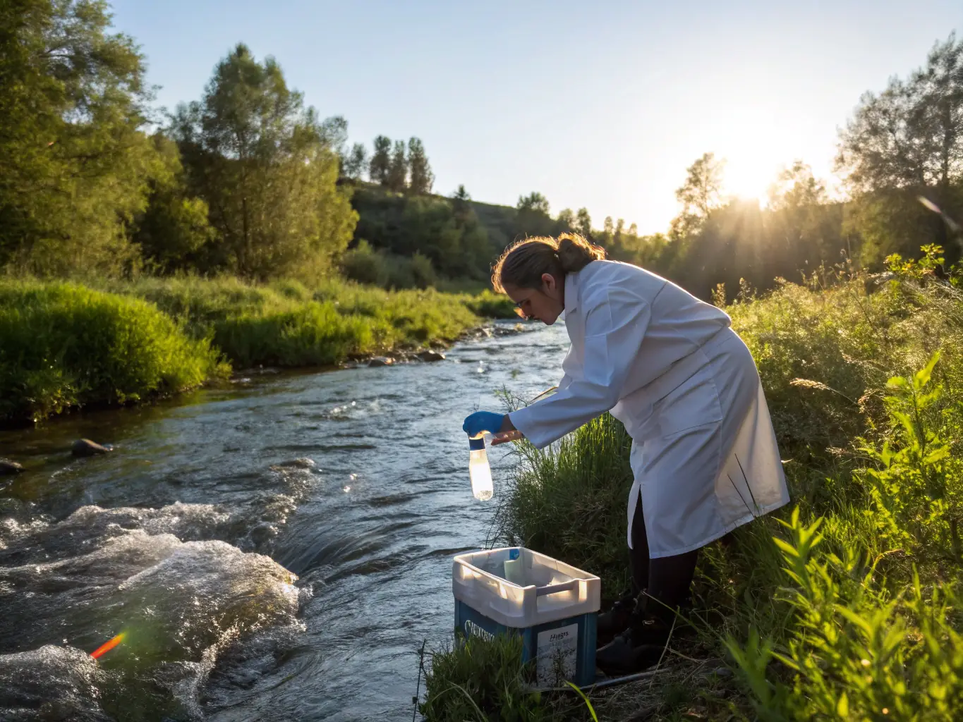 A team of volunteers and scientists collecting water samples from a river, with lush greenery in the background, representing the Aquatic Ecosystem Monitoring program.