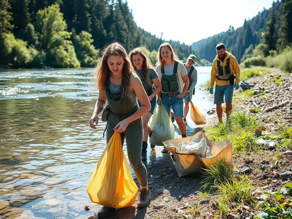 Volunteers collecting trash along a riverbank, with clear water and natural surroundings, illustrating the Pollution Prevention Initiatives program.