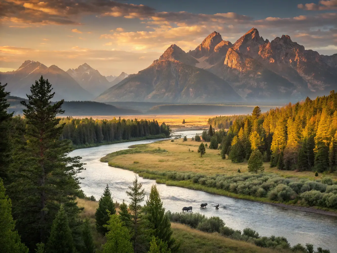 A scenic view of a river restoration project, showcasing replanted riverbanks with native vegetation and clear water flowing through a natural channel. The image emphasizes habitat recovery and ecological balance.
