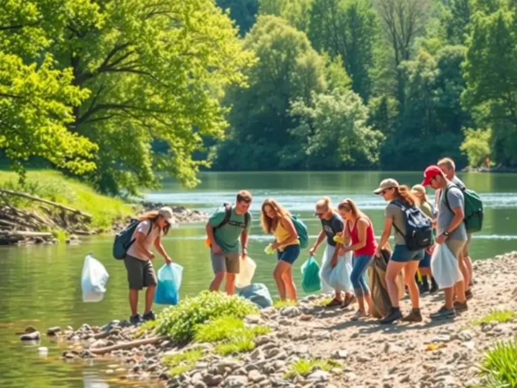 A volunteer team collecting water samples from a local river, with scientific equipment visible in the foreground. The scene highlights the association's commitment to monitoring water quality and identifying pollution sources.