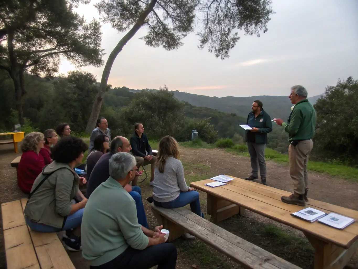 A group of community members attending an outdoor educational workshop about aquatic life, showcasing the Community Education & Engagement program.